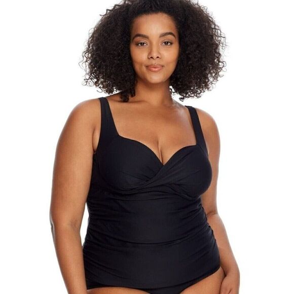 Birdsong ECO ONYX‎ Plus Size 20W Shirred Ruched Underwire Tankini Swim Top Black - Picture 11 of 11